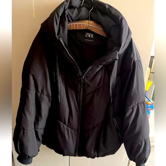 Zara Jacket Women Size S Black Nylon Full Zip Hooded Puffer Coat Oversized Fit - Picture 1 of 7